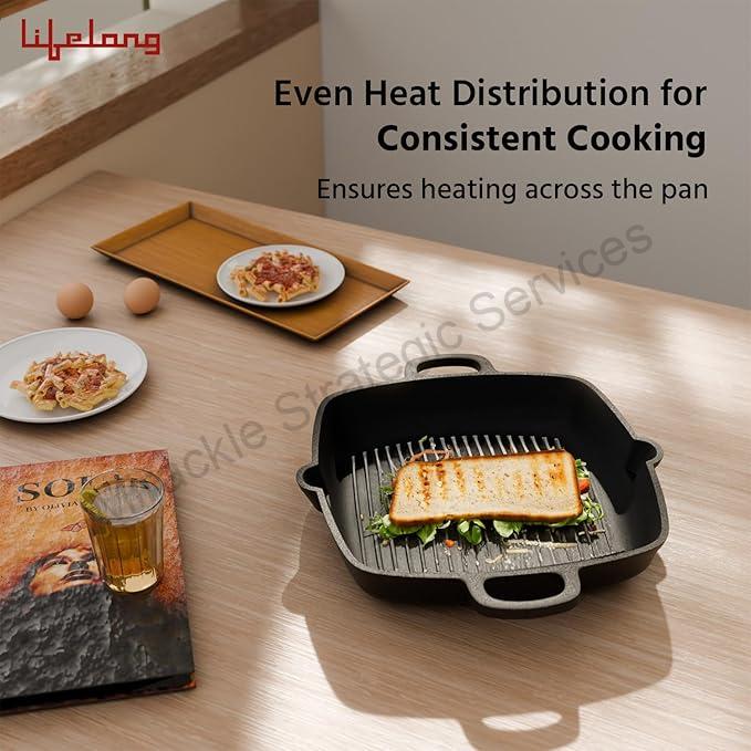 Lifelong Cast Iron Grill Pan 260mm With Wooden Spatula - LLCIGP008 - Image 2