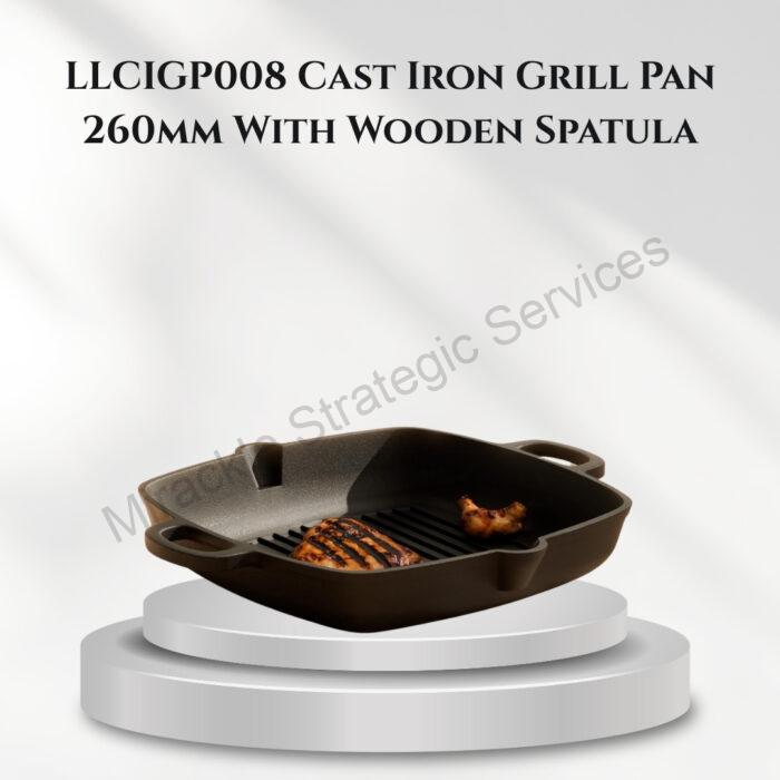 Lifelong Cast Iron Grill Pan 260mm With Wooden Spatula - LLCIGP008