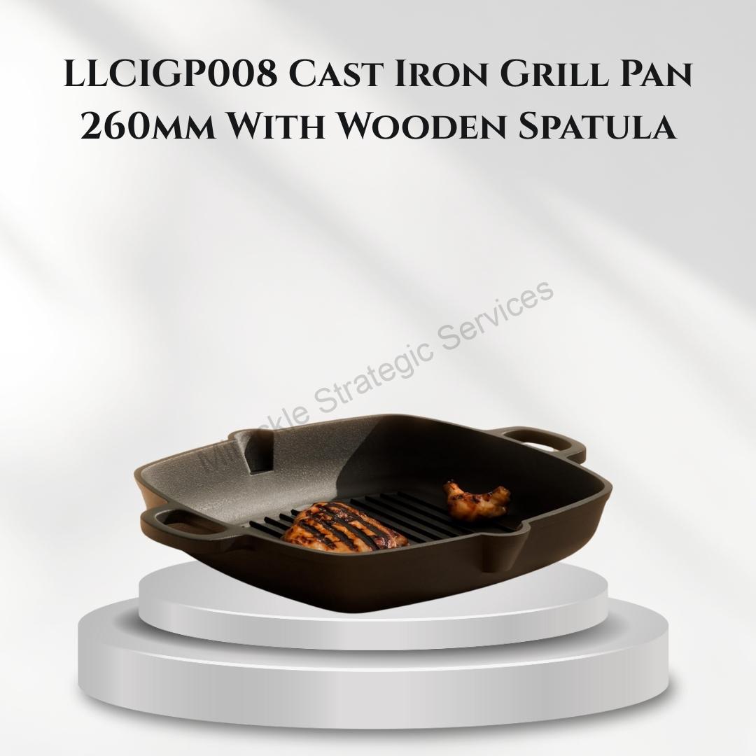 Lifelong Cast Iron Grill Pan 260mm With Wooden Spatula - LLCIGP008