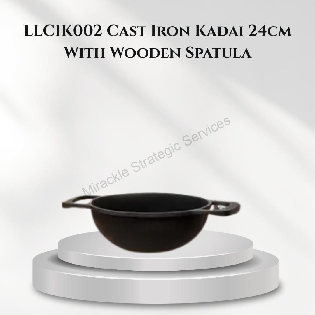 Lifelong Cast Iron Kadai 24cm With Wooden Spatula - LLCIK002