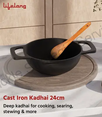 Lifelong Cast Iron Kadai 24cm With Wooden Spatula - LLCIK002 - Image 2