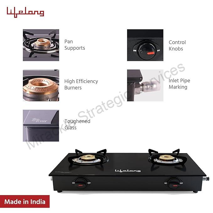 Lifelong LLGS10 - 2 Burner Gas stove Manual Ignition Glass Top - Image 2