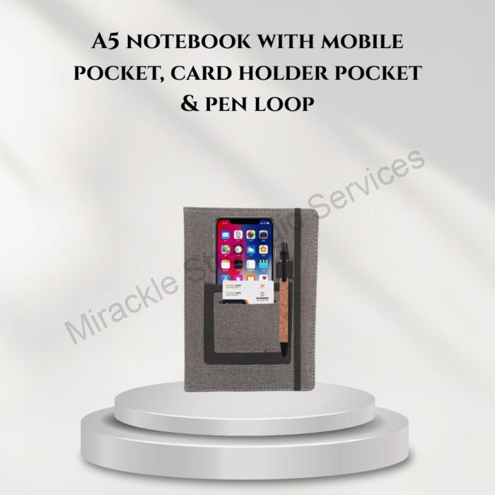 A5 notebook with mobile pocket, card holder pocket & pen loop