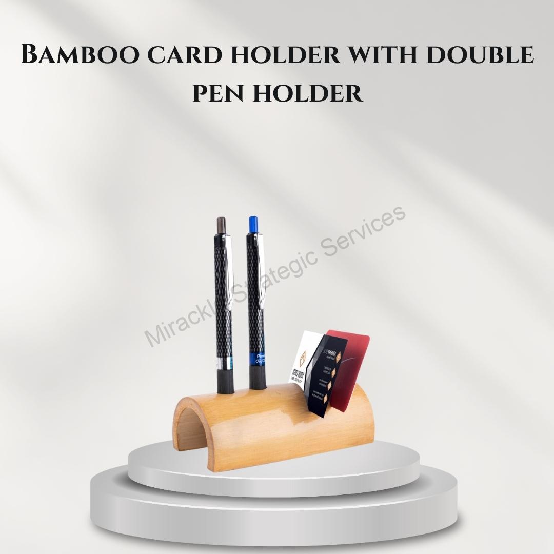 Bamboo card holder with double pen holder