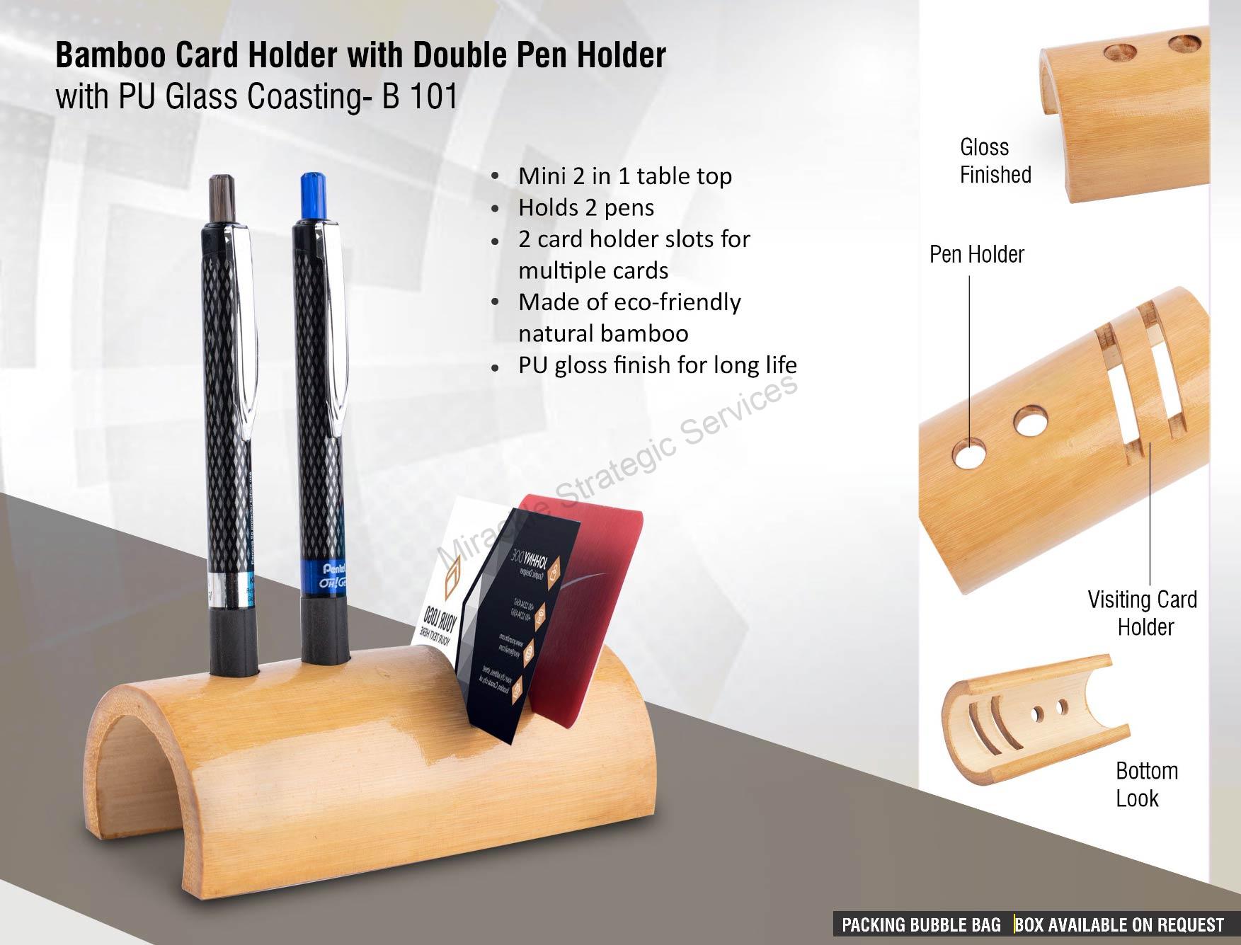 Bamboo card holder with double pen holder - Image 2