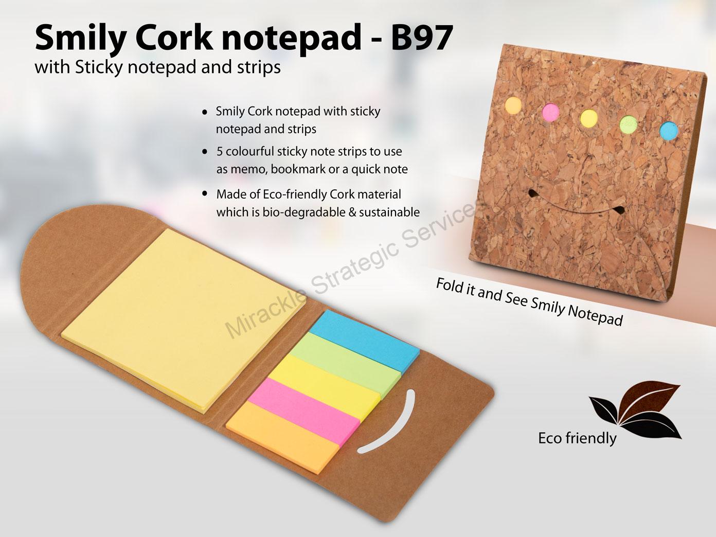 Smiley Cork notepad with Sticky notepad and strips - Image 2