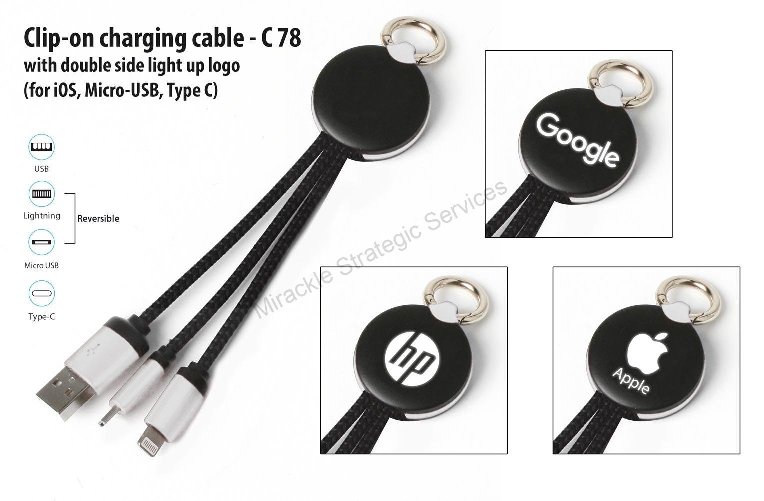 Clip-on charging cable with double side light up logo (iOS, Micro-USB, Type C) - C78 - Image 2