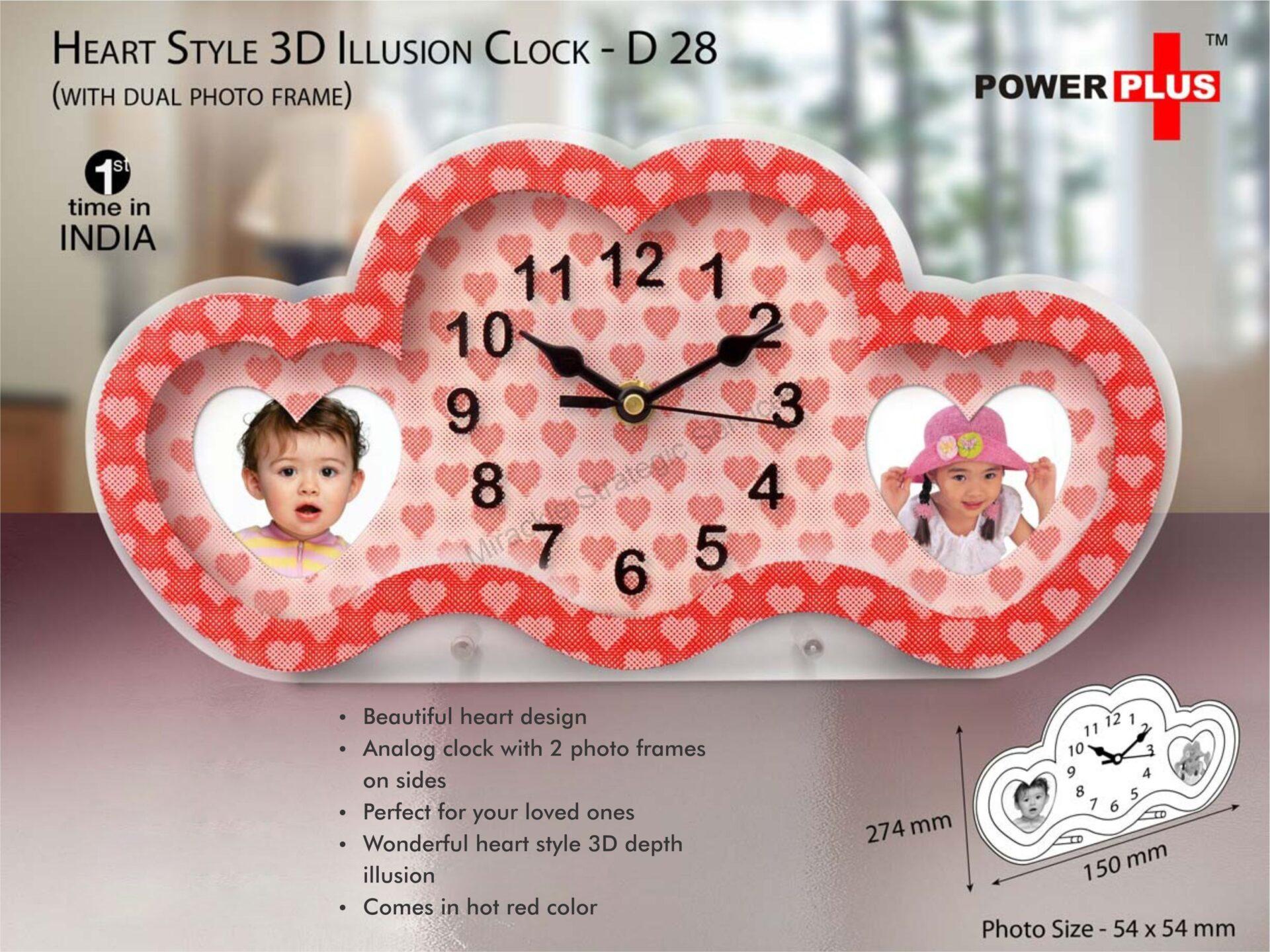 Heart style 3D illusion clock with dual photo frame - D28 - Image 2