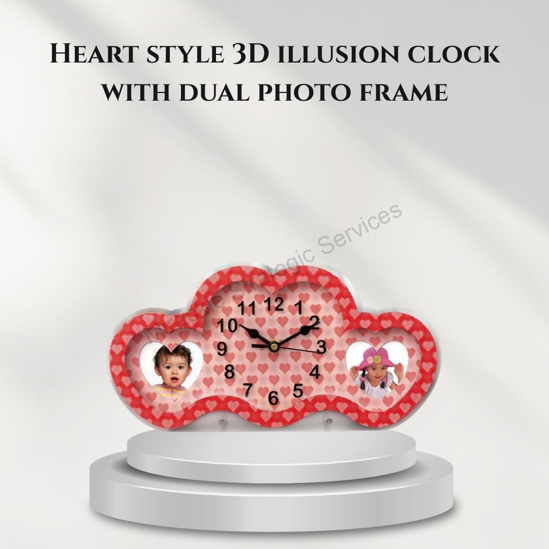 Heart style 3D illusion clock with dual photo frame - D28