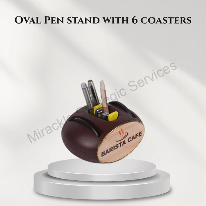 Oval Pen stand with 6 coasters - B177