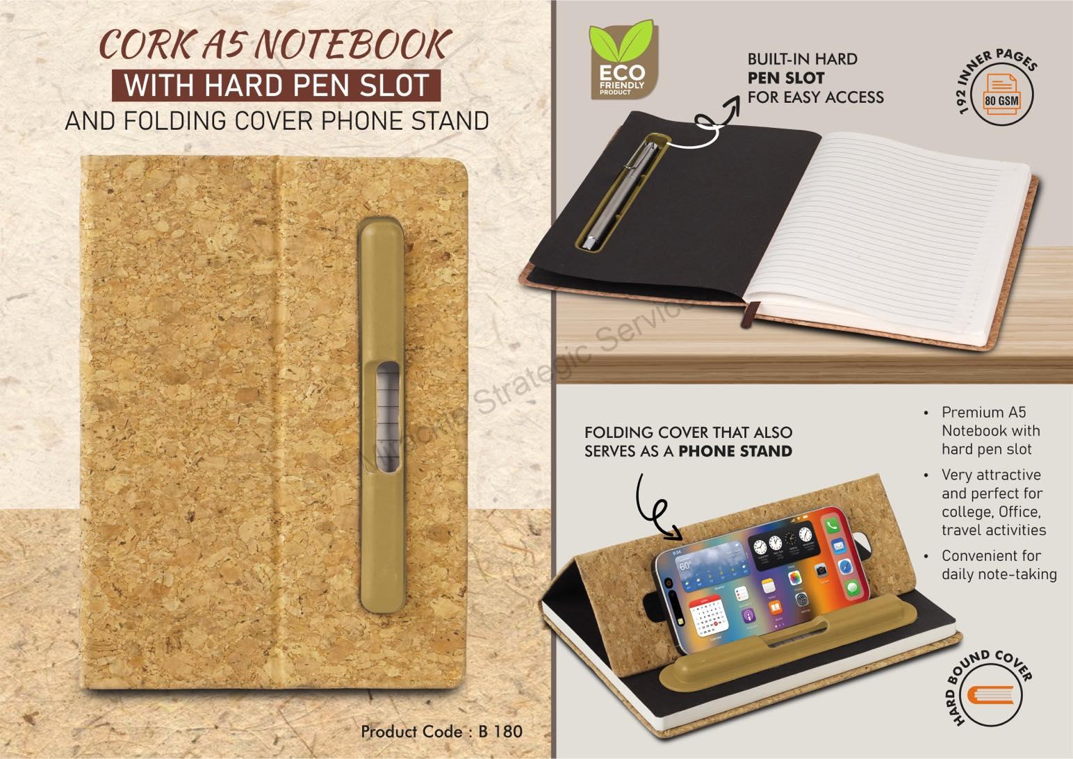 Cork A5 Notebook with Hard pen slot and Folding cover Phone Stand - B180 - Image 2