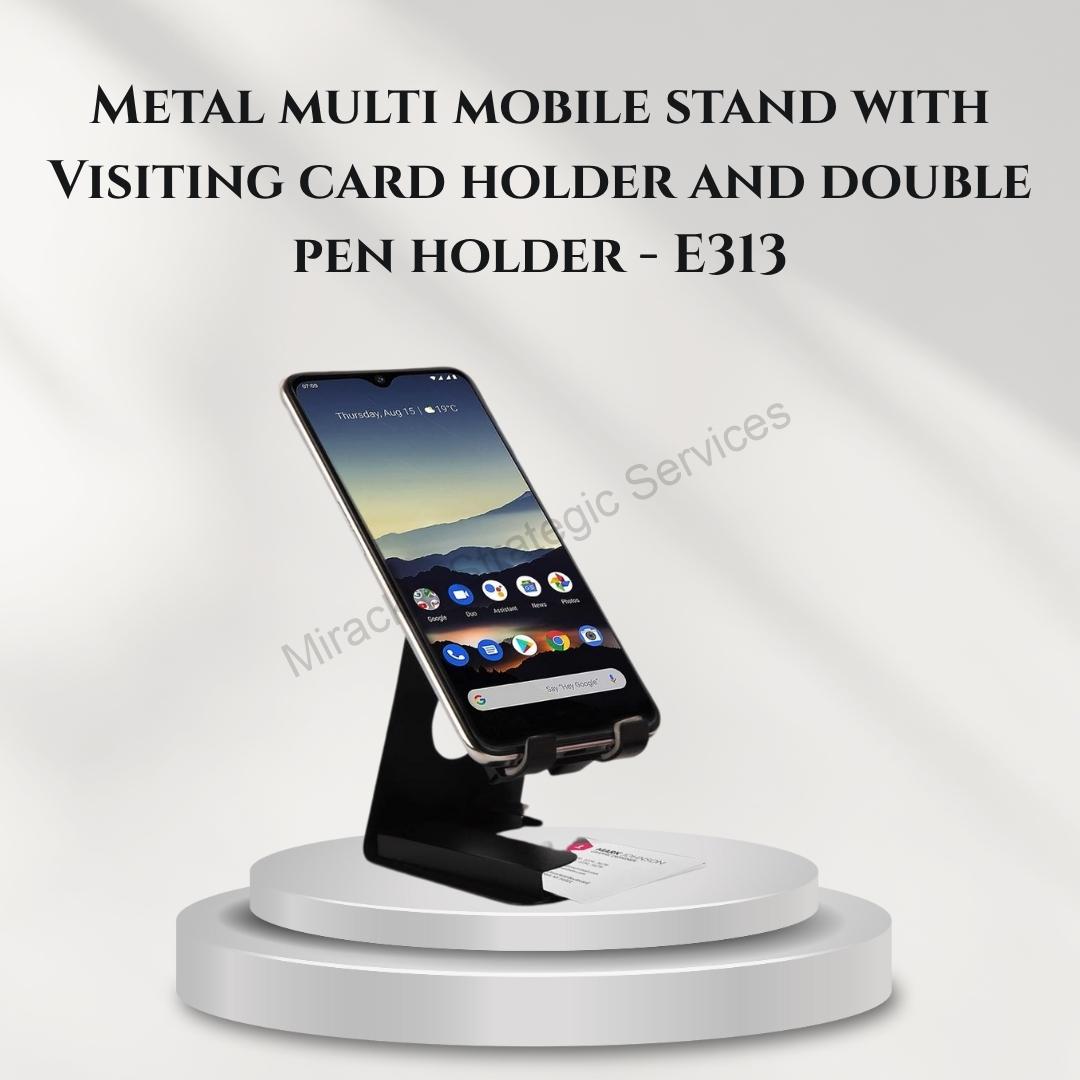 Metal multi mobile stand with Visiting card holder and double pen holder - E313