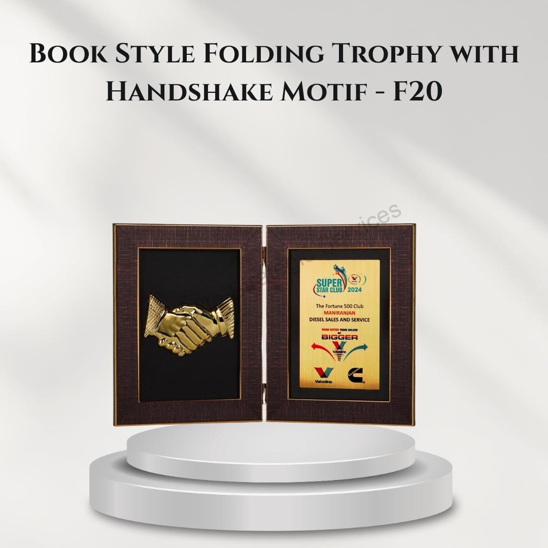 Book Style Folding Trophy with Handshake Motif - F20