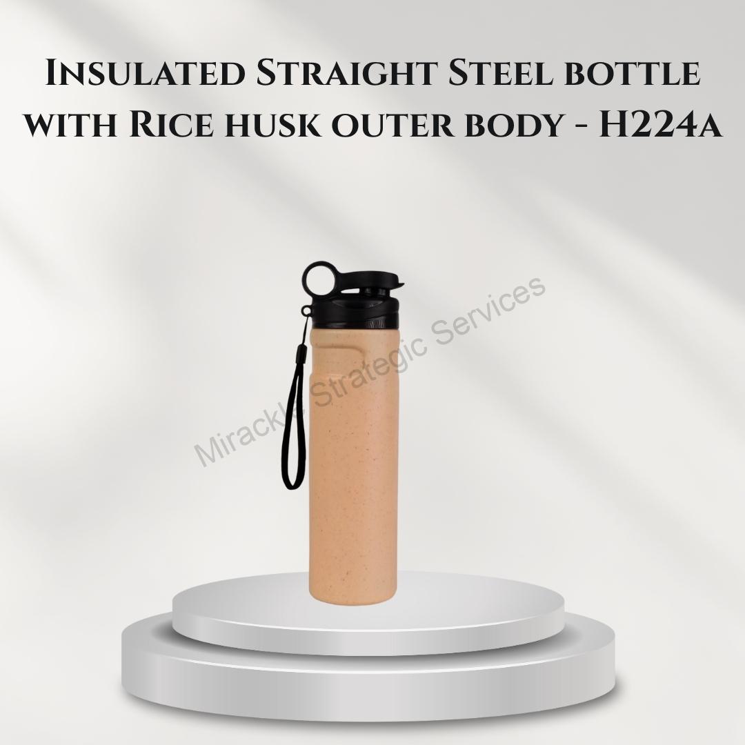Insulated Straight Steel bottle with Rice husk outer body - H224a