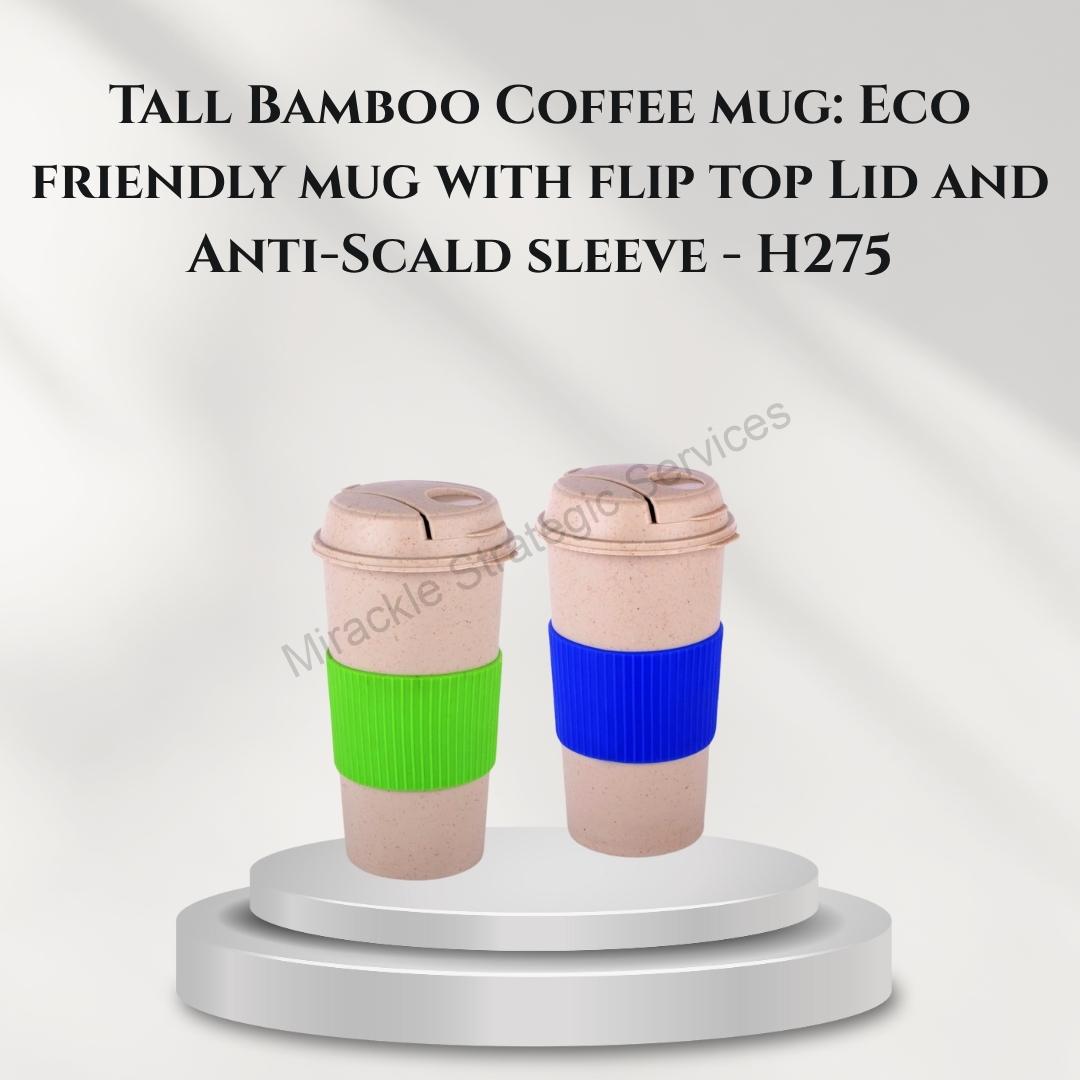 Tall Bamboo Coffee mug: Eco friendly mug with flip top Lid and Anti-Scald sleeve - H275
