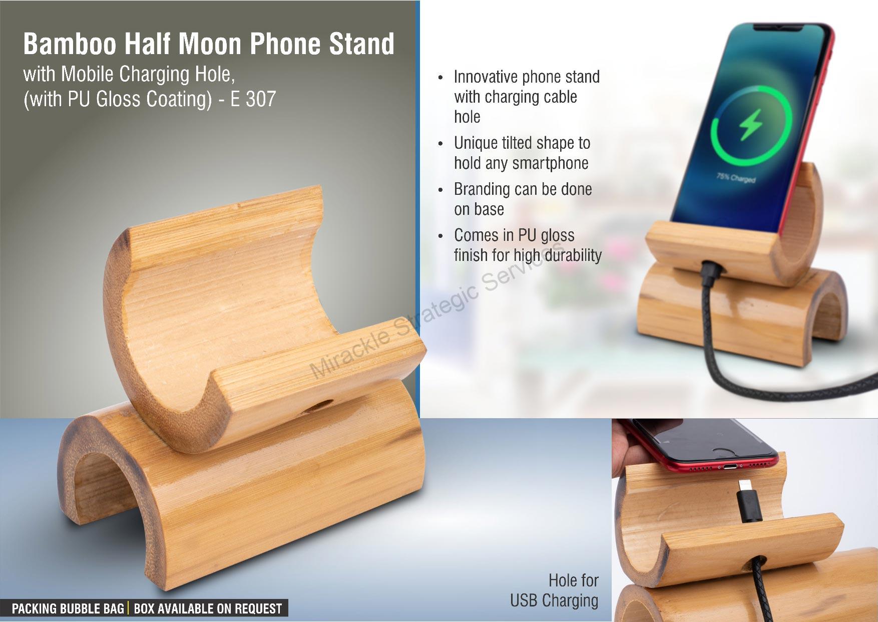Bamboo Half moon phone stand with mobile Charging hole - E307 - Image 2