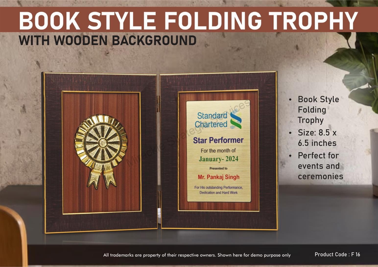Book Style Folding Trophy with Award Motif | 8.5 x6.5" | Wooden Background - F16 - Image 2