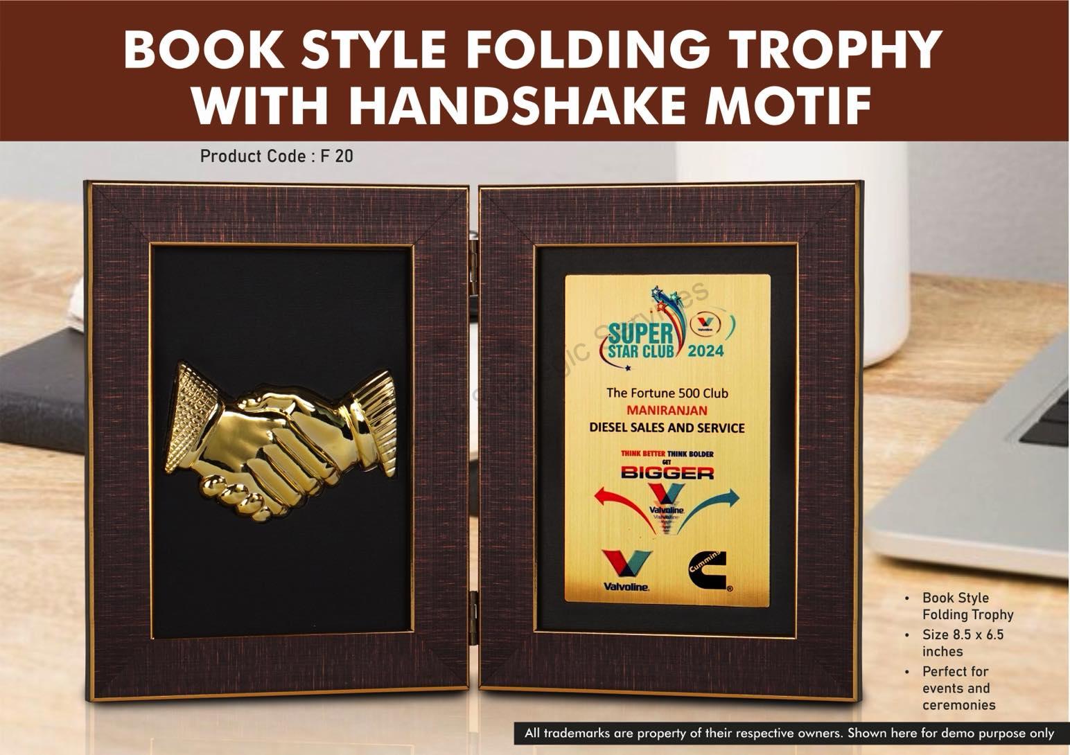 Book Style Folding Trophy with Handshake Motif - F20 - Image 2