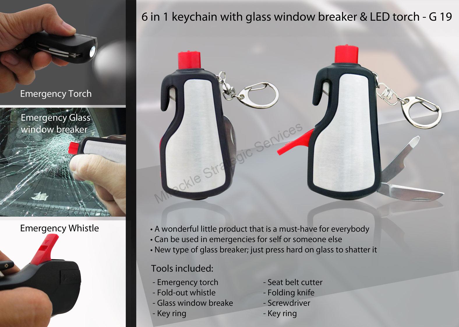 6 in 1 keychain with glass window breaker & LED torch - G19 - Image 2