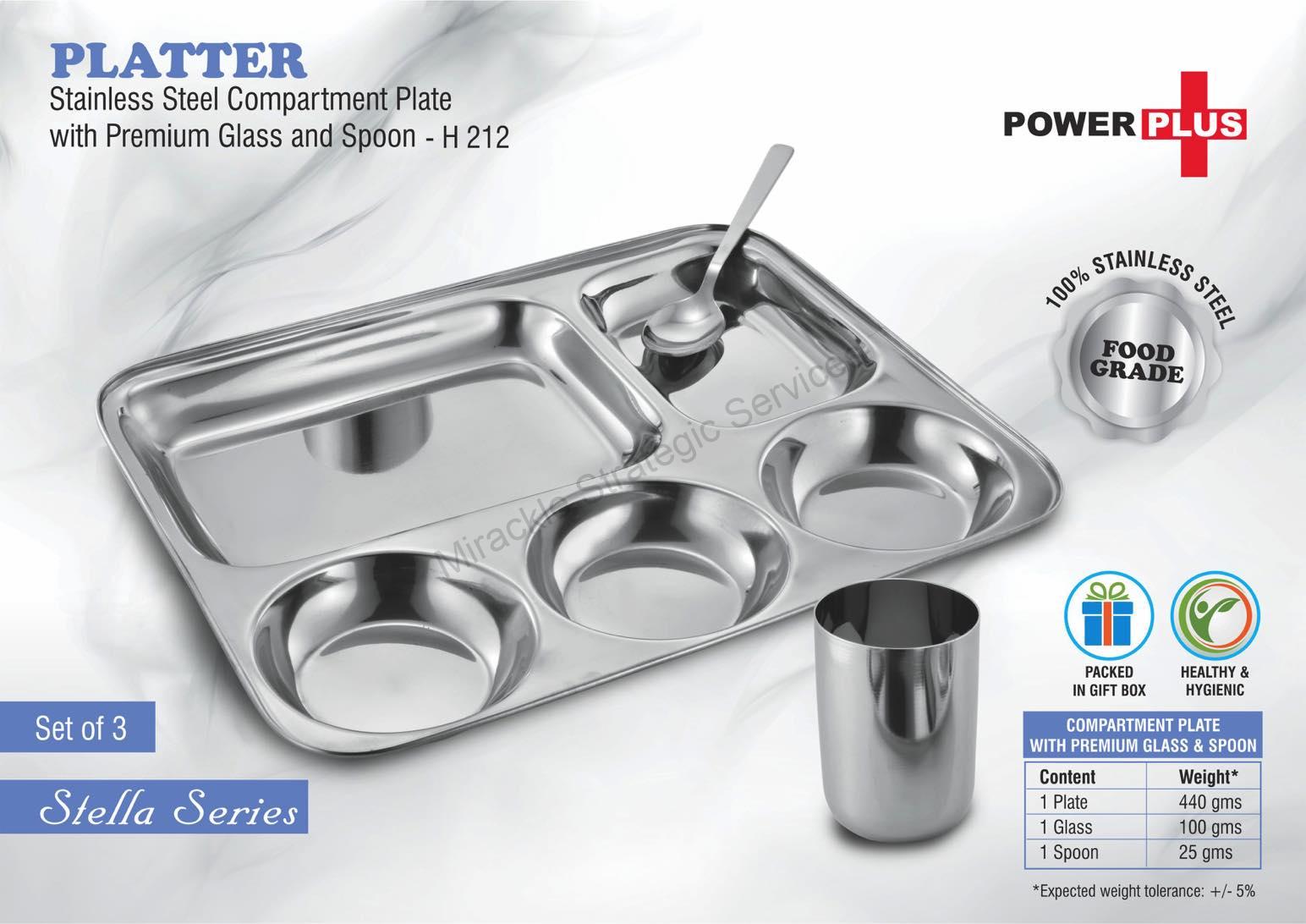 Platter: Stainless Steel Compartment plate with Premium glass and spoon - H212 - Image 2
