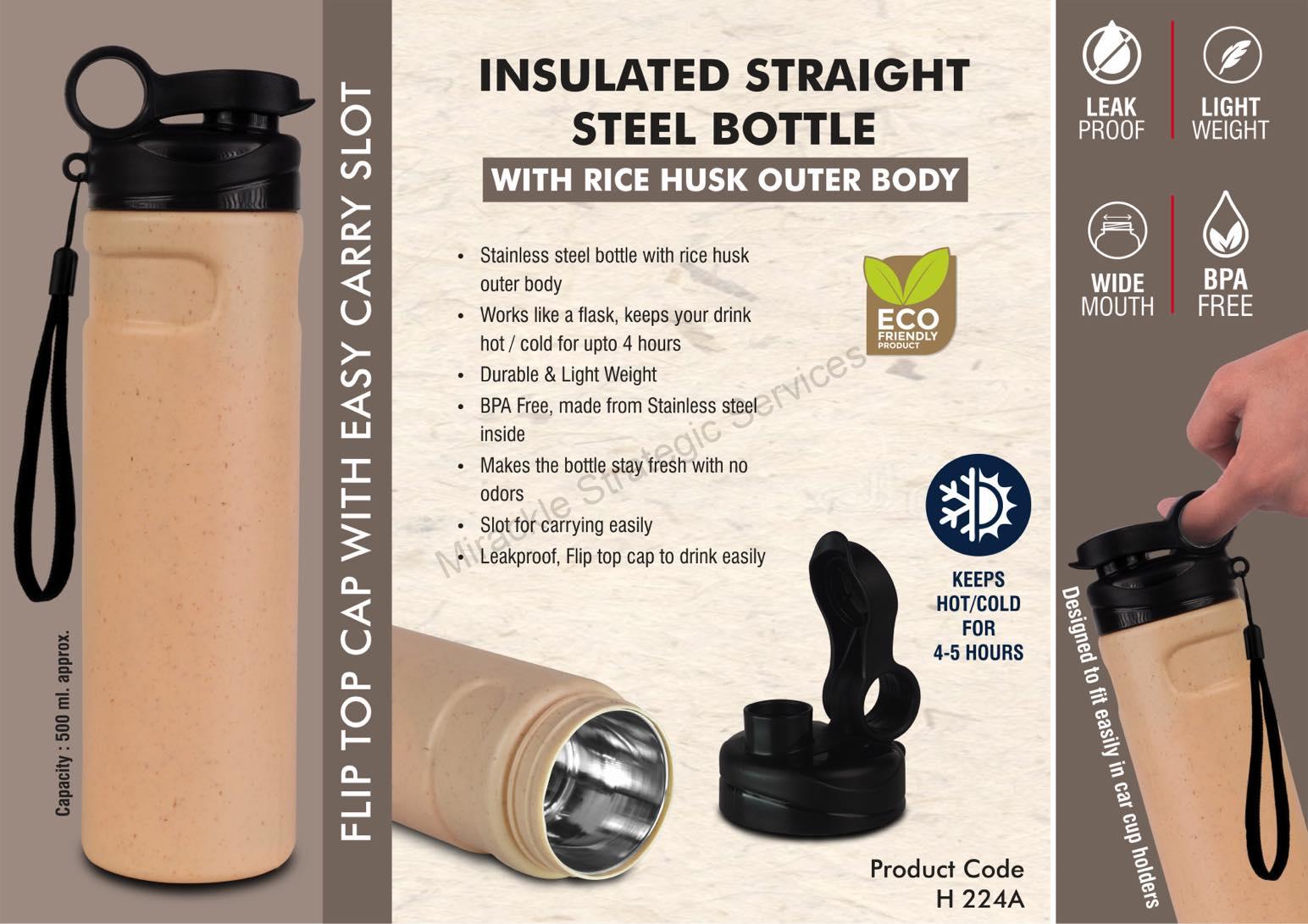 Insulated Straight Steel bottle with Rice husk outer body - H224a - Image 2