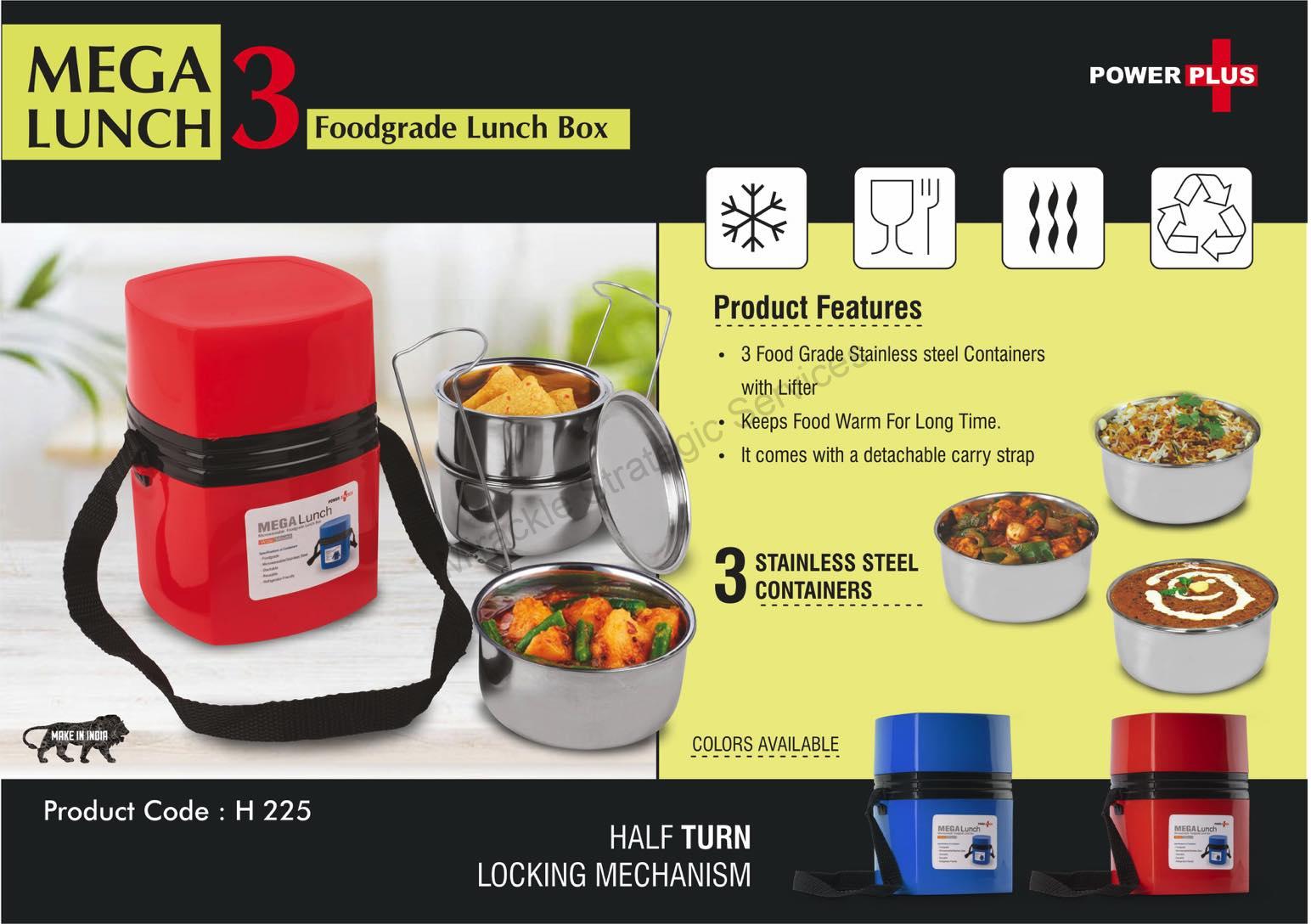 Mega Steel Lunch Box- 3 Stainless steel containers with lifter - H225 - Image 2