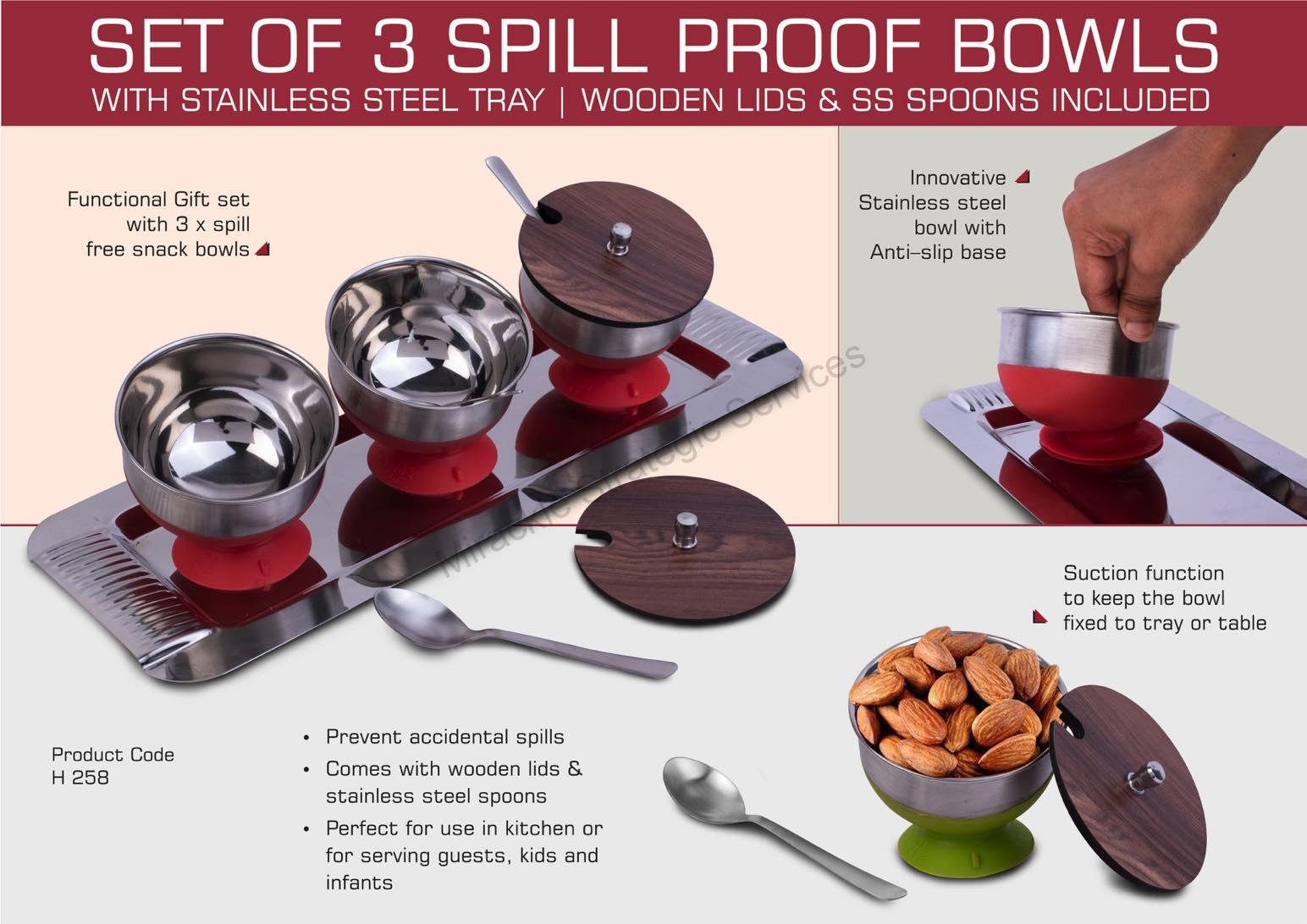 Set of 3 Spill Proof Bowls with Stainless Steel Tray - H258 - Image 2