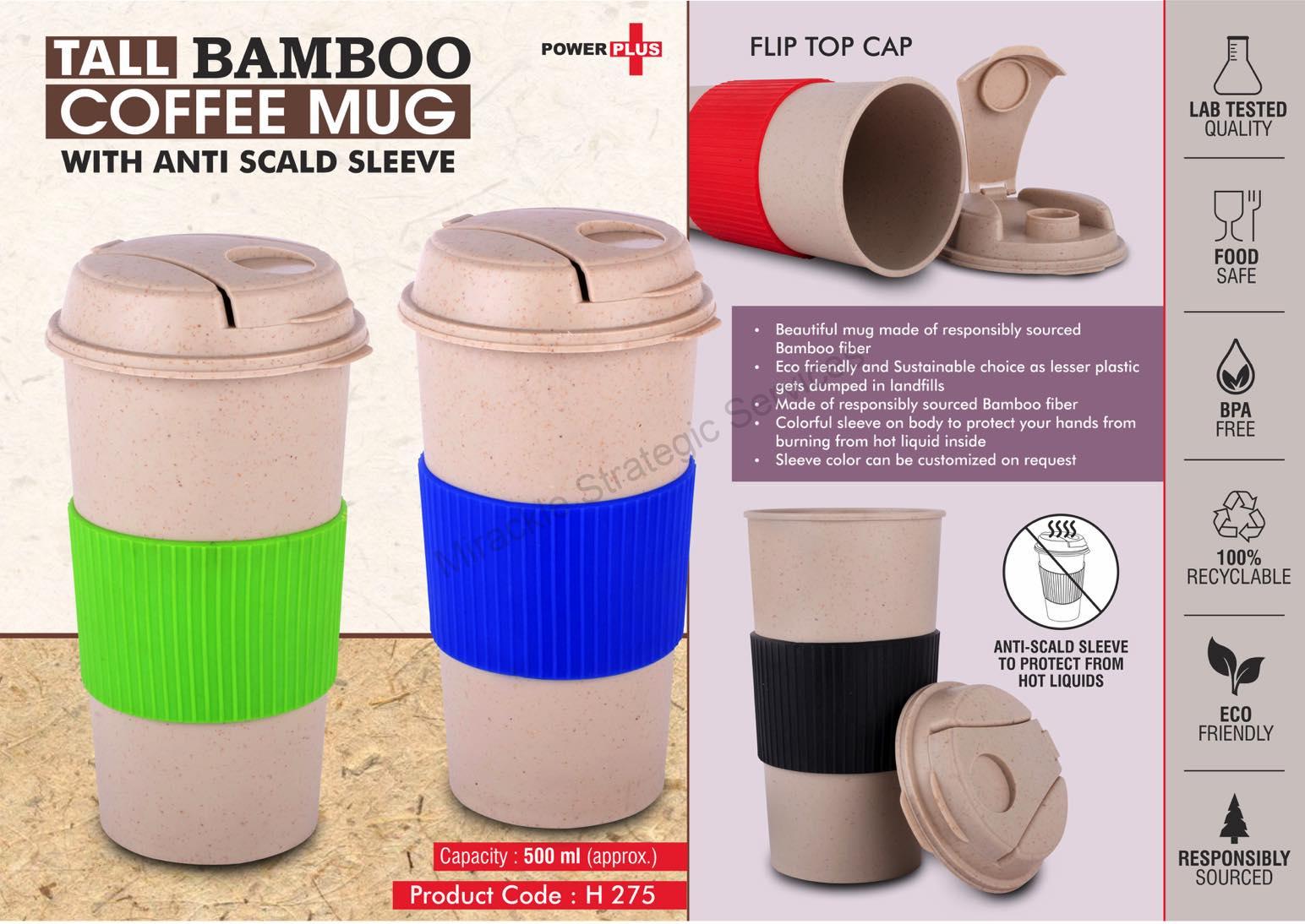 Tall Bamboo Coffee mug: Eco friendly mug with flip top Lid and Anti-Scald sleeve - H275 - Image 2