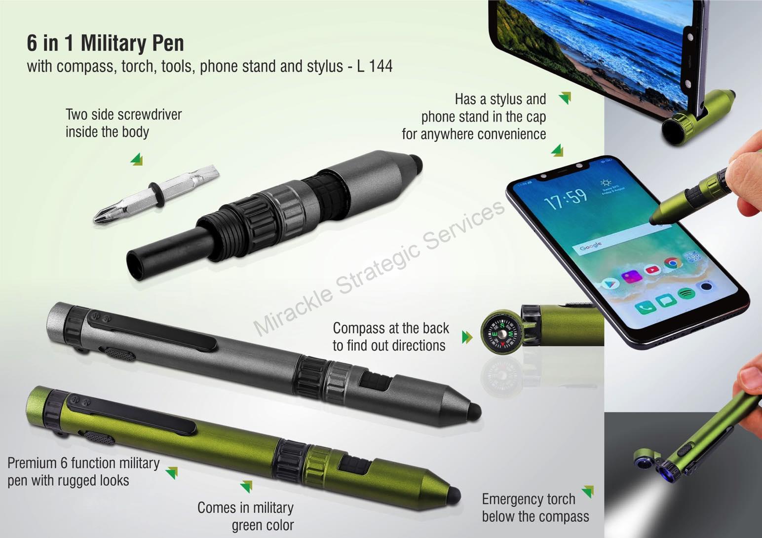 6 in 1 Military pen with compass, torch, tools, phone stand and stylus - L144 - Image 2