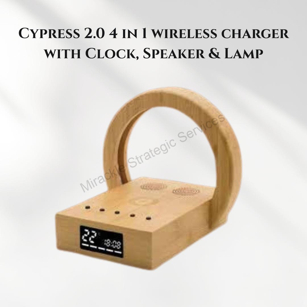 Wangari Cypress 2.0 - 4 in 1 wireless charger with Clock, Speaker & Lamp