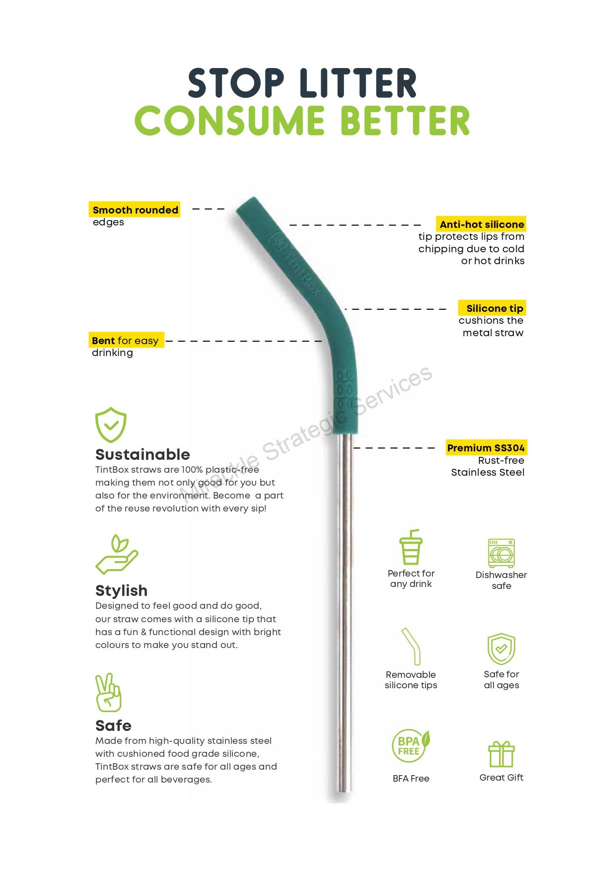 TintBox Reusable Stainless Steel Straws with Silicone Tip (Pack of 4 Straws with Cleaning Brush) - Image 2