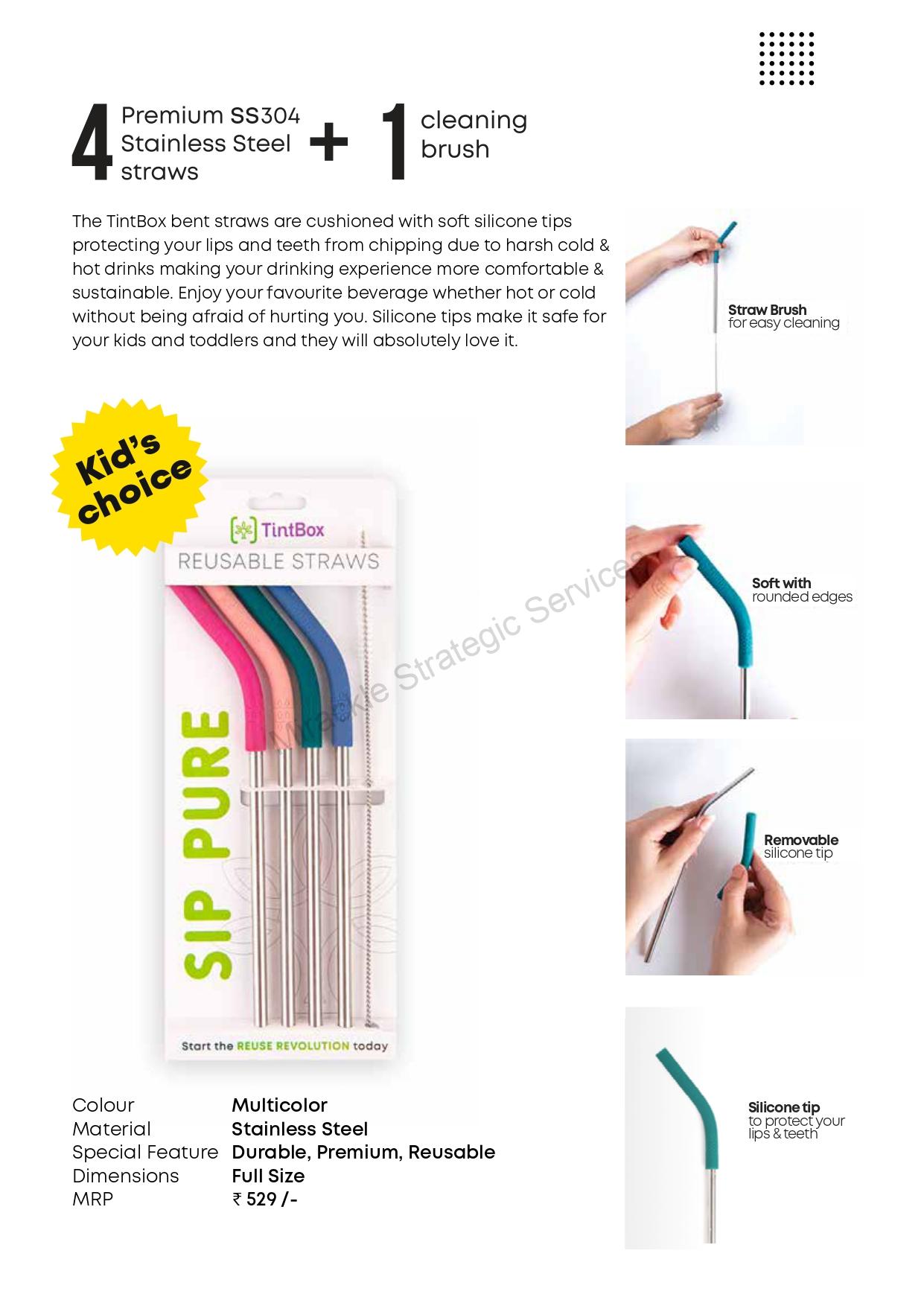 TintBox Reusable Stainless Steel Straws with Silicone Tip (Pack of 4 Straws with Cleaning Brush) - Image 4